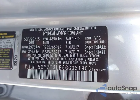 2016 Hyundai Santa Fe Sport 2.4L z USA, uszkodzony, nr VIN 5XYZT3LB6GG351903